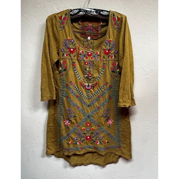 Johnny Was JW Los Angeles Embroidered Tunic Top Medium 3/4 Sleeve Brown